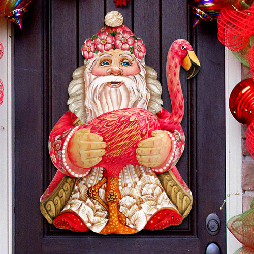 The Holiday Aisle® Old World Flamingo Santa Wooden Holiday Decorative Wall/Door Hanging Decor